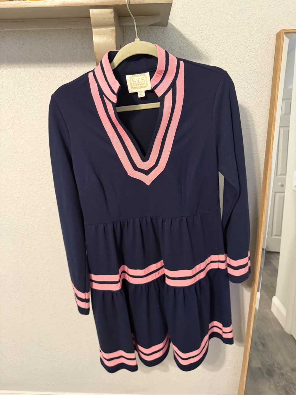 Sail to Sable Navy Dress with Pink Trim V-Neck Tiered Skirt